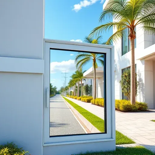 Freshly installed impact window in Kendall FL, reflecting a blue sky amidst a lush suburban landscape.