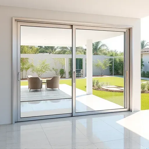 Completed modern sliding glass door installation in Kendall Florida with sleek aluminum frame overlooking a landscaped backyard