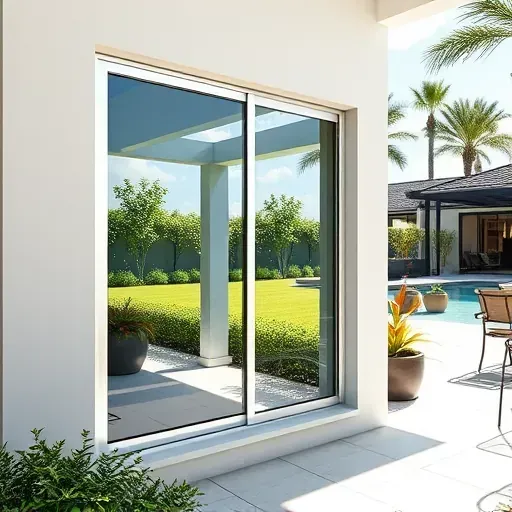 Newly installed impact window with sleek glass and polished frame in modern Weston Florida home, reflecting sunny sky.