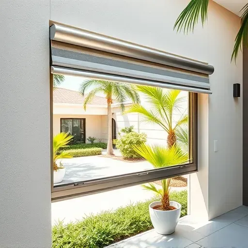 Close-up of a polished aluminum roller window with sleek blinds partially rolled up, revealing sunny Florida lush greenery.
