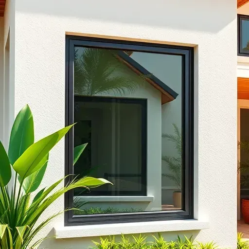 Impact window installation in Kendall Florida showcasing sleek design, clear glass, and vibrant tropical landscaping.