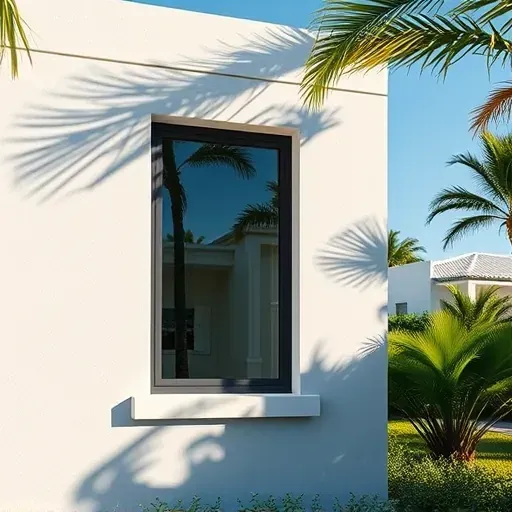 Freshly installed impact window in West Palm Beach shows modern design, tropical landscape, and sunny Florida climate.