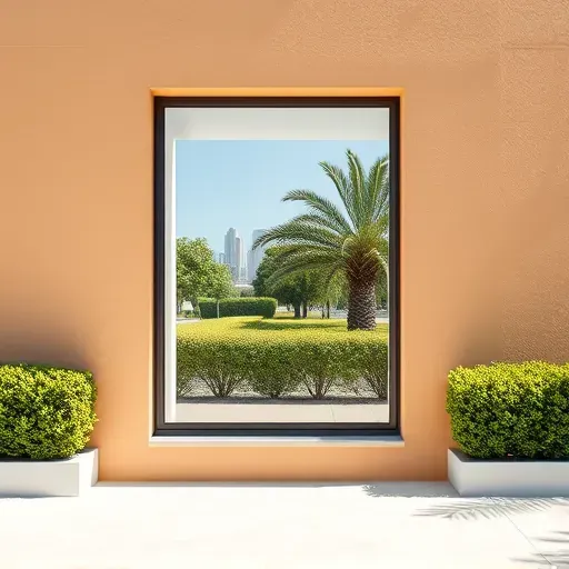 Freshly installed impact window in Miami Gardens FL reflecting Florida sunlight with cityscape view, lush greenery, and modern frame