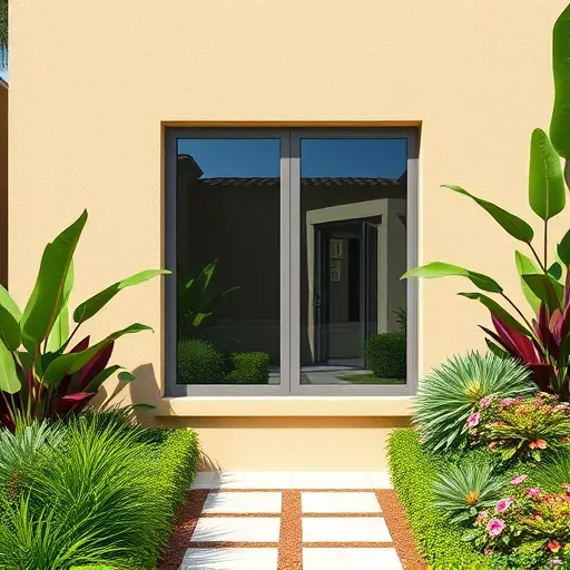 Modern energy-efficient impact window installed in a stylish Florida home with landscaped garden and neutral stucco exterior