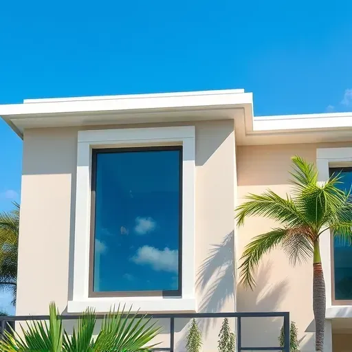 Newly installed impact window in North Miami Beach FL with modern design, reflecting Florida sky, lush greenery, and neutral stucco exterior