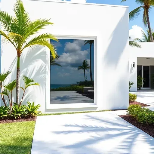 Freshly installed impact window on a modern North Miami Beach home with tropical landscaping and sleek coastal design