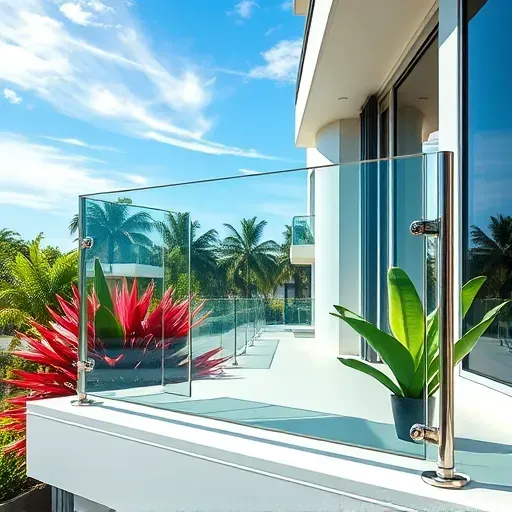 Gleaming glass balcony railing with stainless steel supports on a modern Florida home, lush greenery and blue sky background