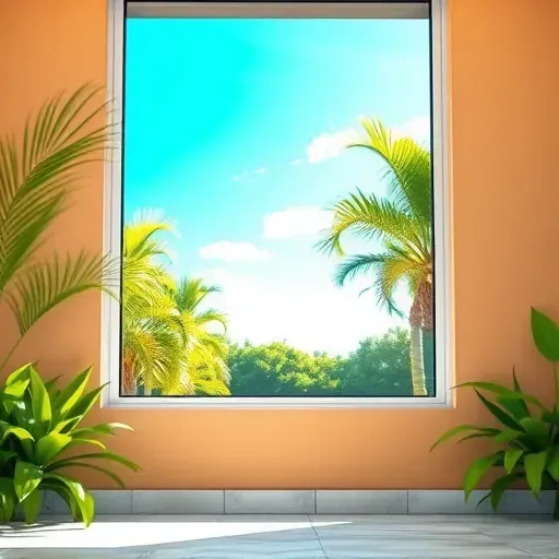 Freshly installed impact window in a Hialeah Florida home with clear glass, sleek frame, lush greenery, and bright sunny background