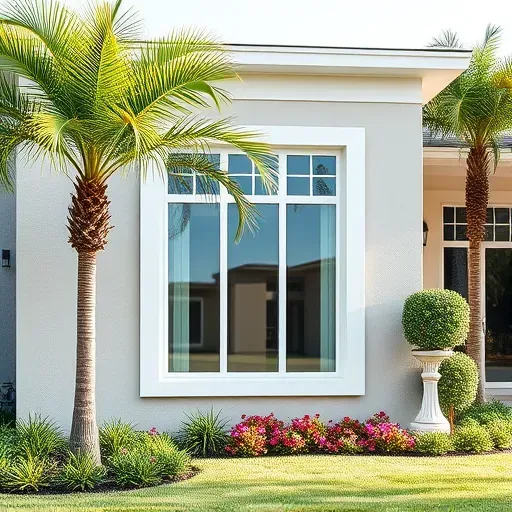 Professional impact window installation on a modern Florida home with sleek glass, white frame, and tropical landscape backdrop