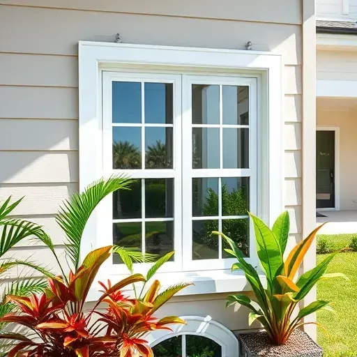 Double-hung window with white frame and reflective glass on a Florida home's neutral siding surrounded by tropical plants and a landscaped yard