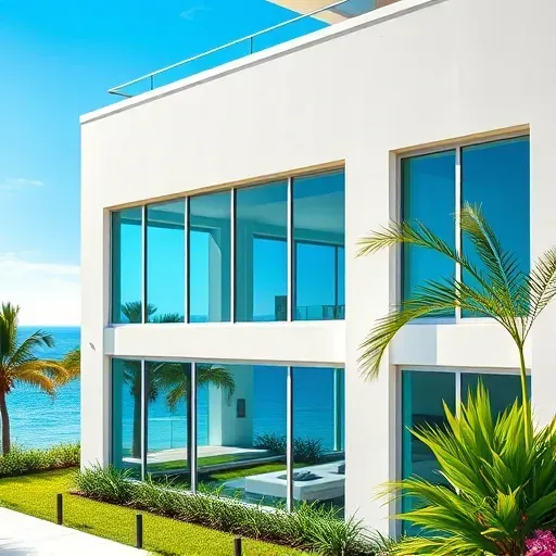 Impact window installation on modern Sunny Isles Beach home with reflective glass, tropical landscape, and ocean view