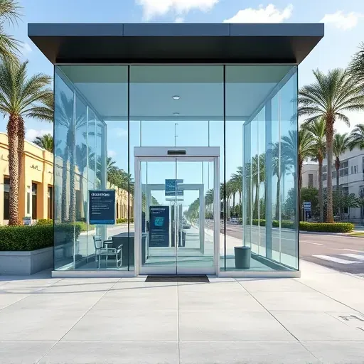 Pristine storefront glass installation in Kendall Florida with sleek signage, tropical greenery, and sunny urban street.