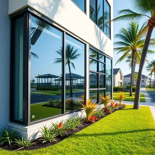 Recently installed modern impact windows on a contemporary West Palm Beach home reflecting a sunny sky with lush greenery and tropical flowers