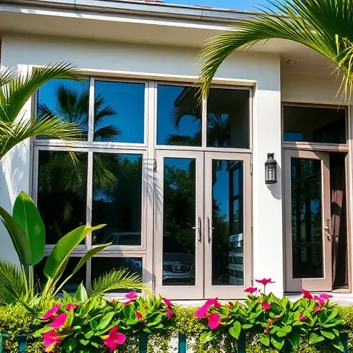 Impact Windows and Doors installation in Sunrise, FL, showcasing sleek design, lush greenery, and a sunny sky.