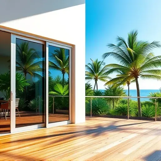 Completed installation of impact windows and doors in modern Coconut Grove home surrounded by tropical greenery.