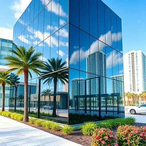 Completed Kendall FL office building with sleek impact glass panels reflecting urban surroundings and lush landscaping