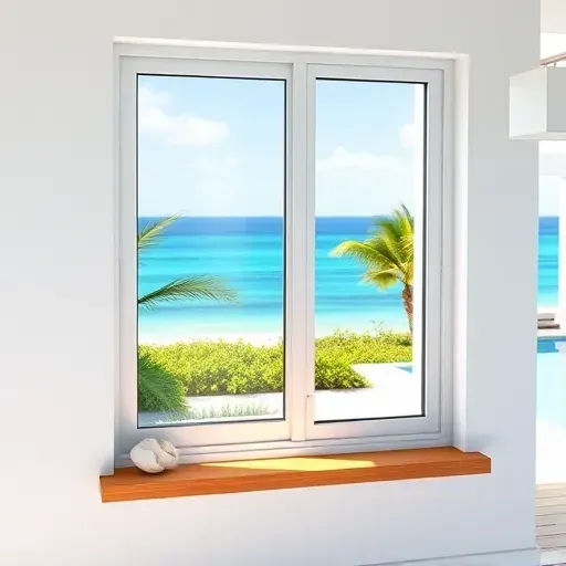 Impact window in a modern coastal Key Largo home with lush greenery, ocean views, and a sunlit stucco wall