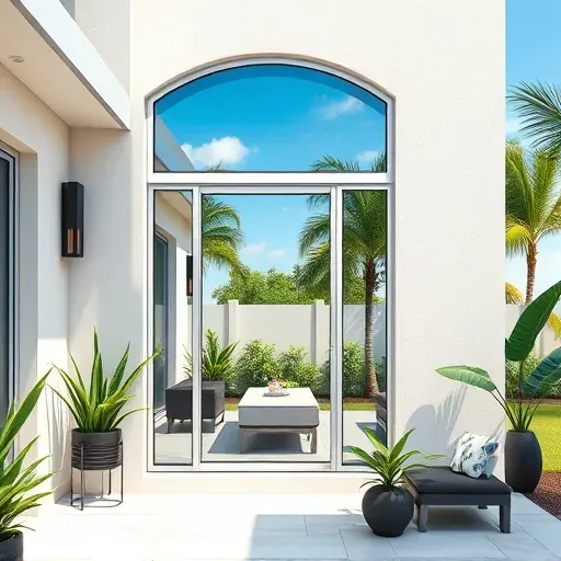 Freshly installed impact window in modern Kendall FL home, showcasing durability with a tropical view and stylish patio details.