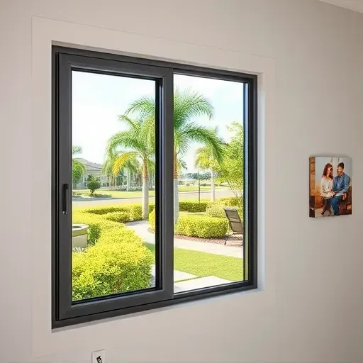 Freshly installed impact window in Boynton Beach FL showing sleek dark aluminum frame, reflective glass, and lush Florida landscape outside