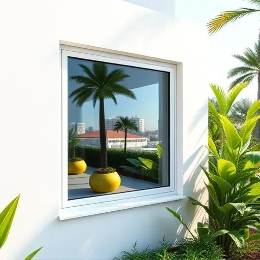 Modern sleek soundproof windows in Kendall Florida with reflective glass, seamless frames, lush tropical surrounding, and clean building exterior