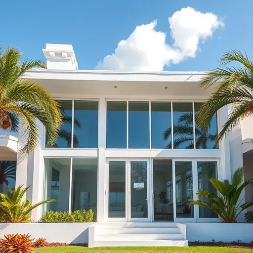 Impact Windows & Doors installation in Aventura showcases sleek design, clear glass, and a vibrant tropical landscape.