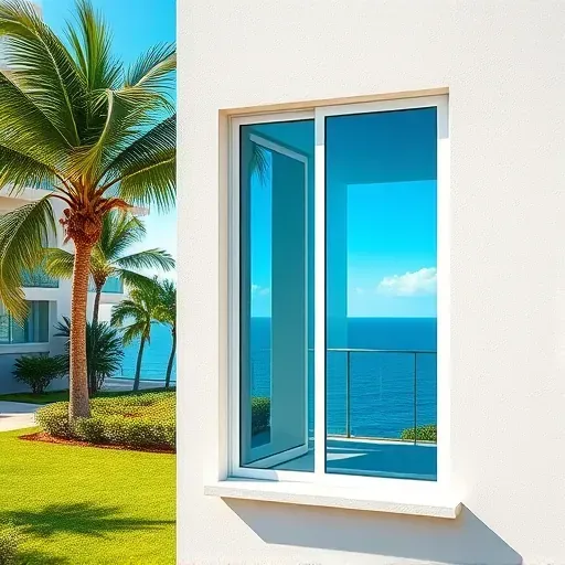 Fresh impact window on modern Sunny Isles Beach home reflecting blue sky and palm trees, showcasing quality craftsmanship.