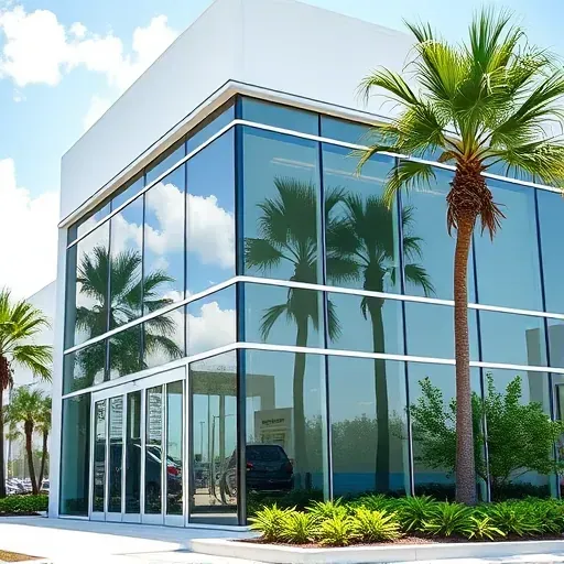 Modern commercial building in Kendall Florida featuring impact glass windows and doors with sleek metal framing, lush tropical landscaping
