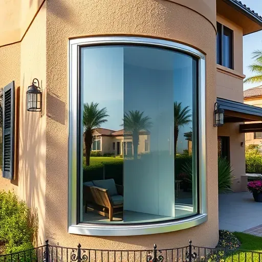Modern residential home in Hollywood FL featuring a sleek transparent impact window on a Mediterranean-style facade with lush landscaping