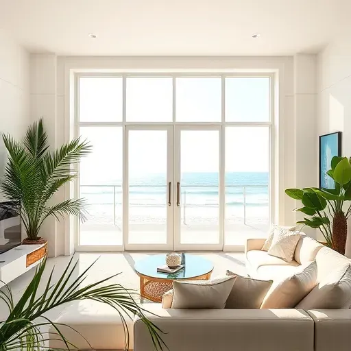 Impact windows and doors enhance a modern Hallandale Beach home with natural light, coastal decor, and vibrant plants.