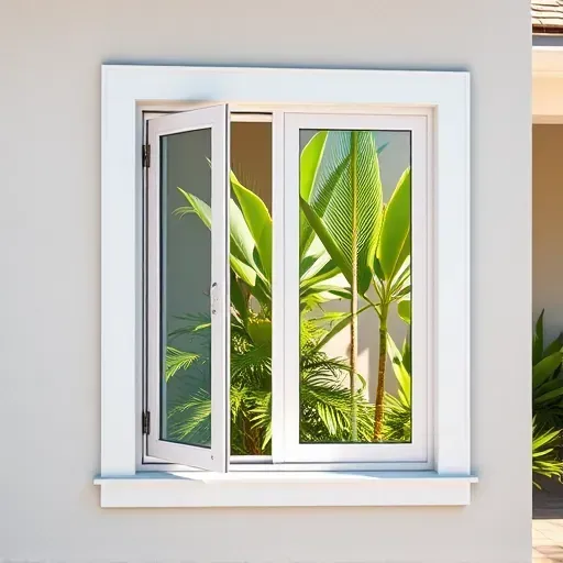 Newly installed double-hung window in Kendall Florida showing quality craftsmanship, modern siding, lush landscaping, and bright lighting