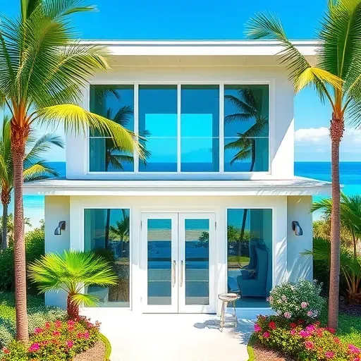 Elegant impact windows and doors in a modern coastal home in Pompano Beach, FL, surrounded by tropical landscape and ocean views.