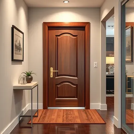 Newly installed custom wooden door with brass handle in a modern Kendall FL home entryway with elegant decor
