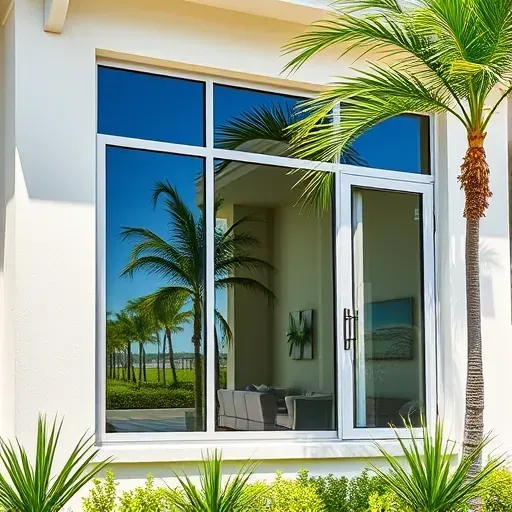 Impact windows and doors installation in Lauderhill FL, modern design, bright sun, lush greenery, and tropical atmosphere.