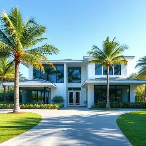 Modern residential home in Westchester FL with impact windows and doors, surrounded by lush greenery and palm trees.