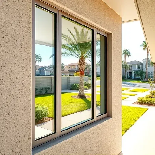 Close-up of a sleek impact window in a modern Kendall FL home, reflecting sunlight and a vibrant backyard.