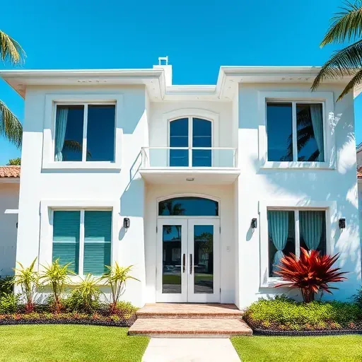 Modern Coral Gables home featuring stylish impact windows and doors amidst vibrant tropical landscaping.