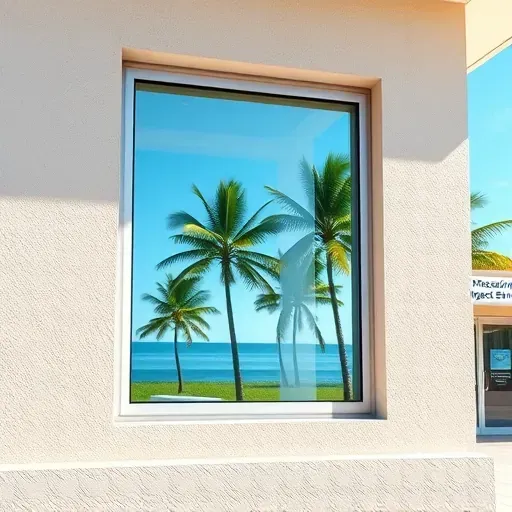 Newly installed impact window in Marathon Florida showing reinforced glass in a coastal building with stucco finish and tropical view
