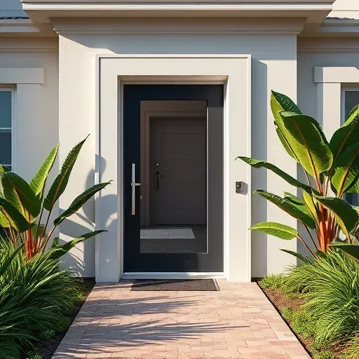 Modern hurricane impact door with reinforced glass, sturdy frame, tropical landscaping, and stylish residential facade in daylight