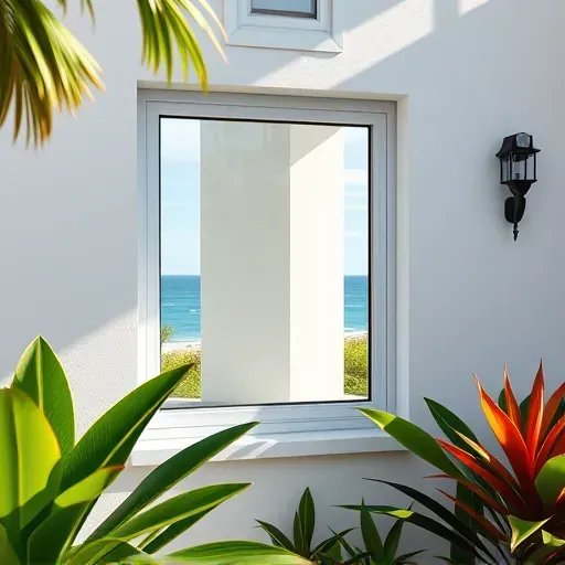 Installed impact window in Delray Beach Florida with lush tropical plants and ocean view highlighting durability and security