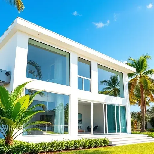 Impact windows and doors enhance a modern Coral Gables home, featuring white frames, tropical landscaping, and blue sky.