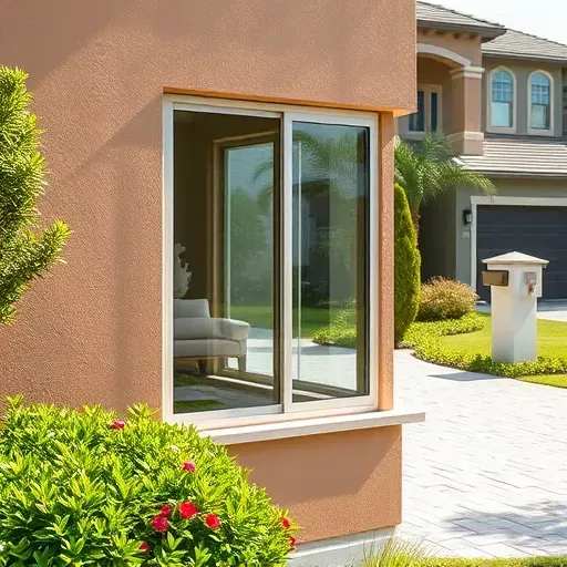Freshly installed secure impact window in modern Westchester Florida home with lush greenery and tidy suburban surroundings