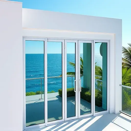 Impact Windows & Doors installation in Sunny Isles Beach showcasing sleek designs, reflective glass, and tropical backdrop.