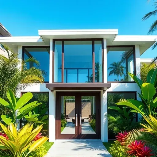 Modern Coconut Grove home with impact windows and doors, lush tropical landscape, vibrant gardens, clear blue sky.