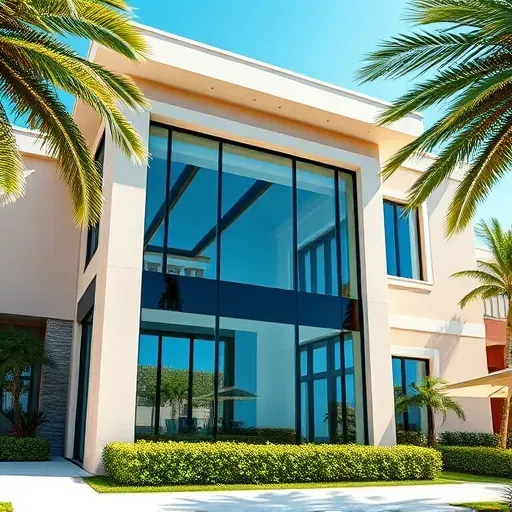 Recently installed large impact windows on a stylish Coral Gables home reflecting Florida sunlight with lush greenery and bright blue skies