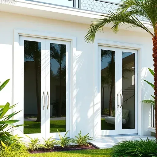 Impact windows and doors showcased in a contemporary Cutler Bay home with tropical landscaping and natural light reflections.