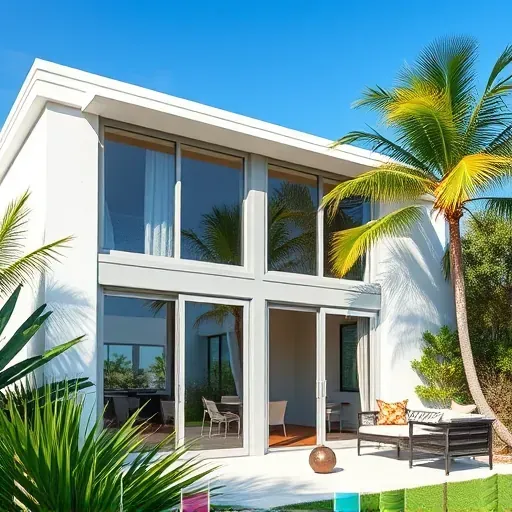 Impact windows and doors in West Palm Beach with sleek gray frames, surrounded by tropical greenery and clear skies.