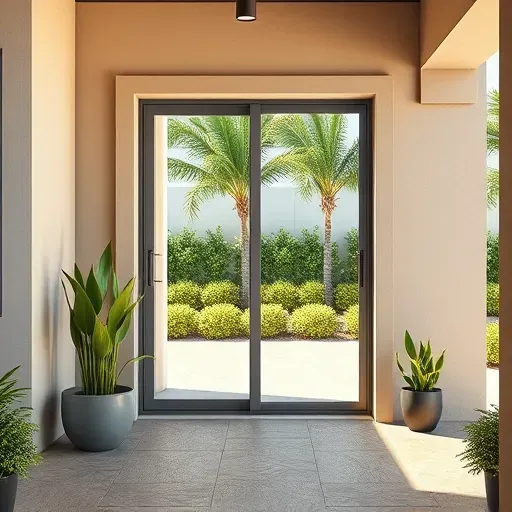 Freshly installed modern sliding glass patio door in Florida home with tropical plants, stucco walls, and landscaped backyard