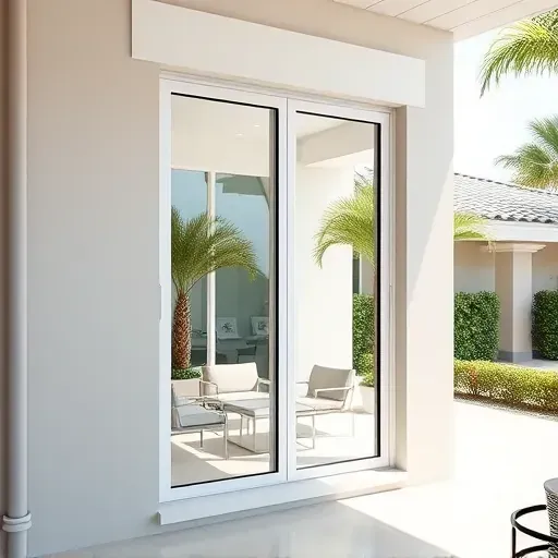 Freshly installed impact window in Delray Beach FL showing a sleek frame, reflective glass, lush greenery, and upscale home exterior