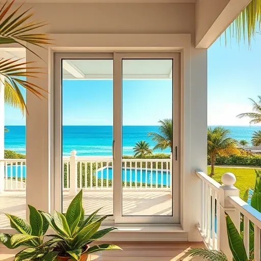 Freshly installed impact window on a modern coastal home in Tavernier Florida with water droplets and scenic waterfront view