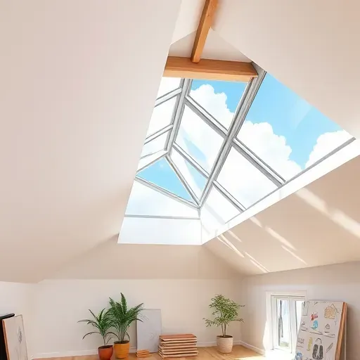 Modern attic with clear glass skylight framed in sleek aluminum, illuminating a cozy white ceiling and wooden beams.
